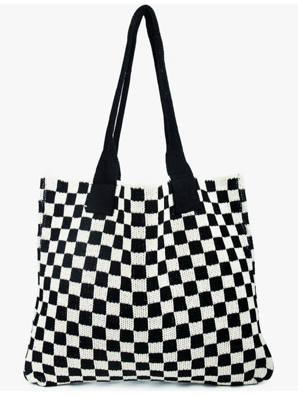 Black & White Checkerboard Knit Tote Bag - Stylish Everyday Carry
